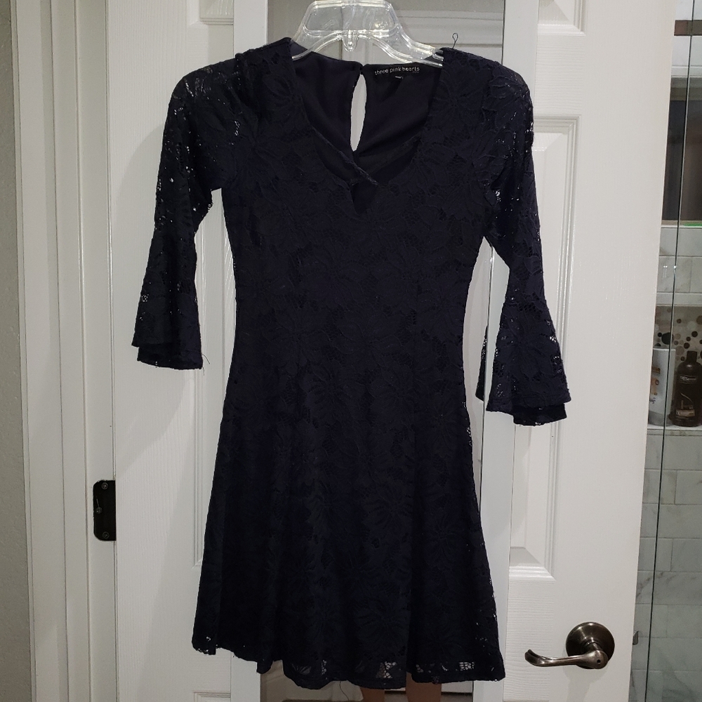 Three Pink Hearts Navy Blue Dress Size S